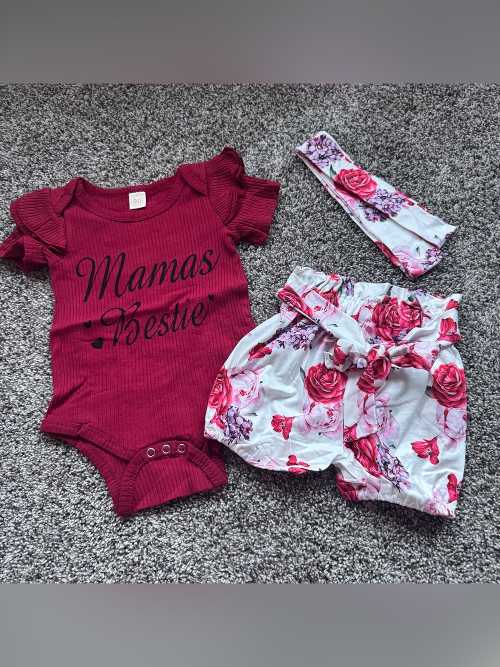 NEW Burgundy Bodysuit with Floral Shorts & Headband Set